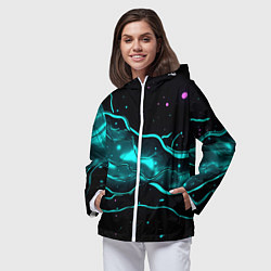 Ветровка с капюшоном женская Голубые неоновые волны текстура, цвет: 3D-белый — фото 2