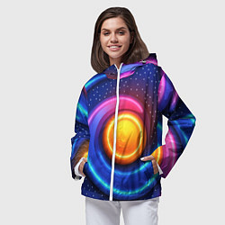 Ветровка с капюшоном женская Оранжевый круг и голубые линии текстура, цвет: 3D-белый — фото 2