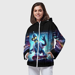 Ветровка с капюшоном женская Bender is a skateboarder in neon street - ai art, цвет: 3D-белый — фото 2