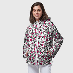 Ветровка с капюшоном женская Мелкий красно белый мозаичный узор на черном, цвет: 3D-белый — фото 2