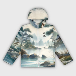 Ветровка с капюшоном женская Японский акварельный пейзаж, цвет: 3D-белый