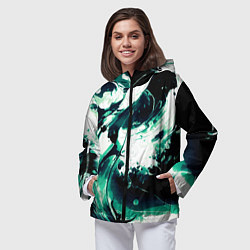 Ветровка с капюшоном женская Чёрно-зелёный абстракция волна, цвет: 3D-черный — фото 2