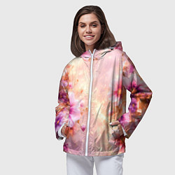 Ветровка с капюшоном женская Нежный розовый цветочный с золотистым свечением, цвет: 3D-белый — фото 2