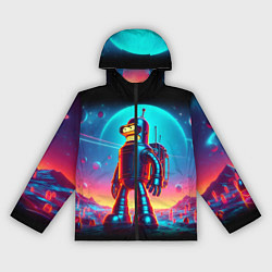 Ветровка с капюшоном женская Космонавт Бендер на неоновой планете, цвет: 3D-черный